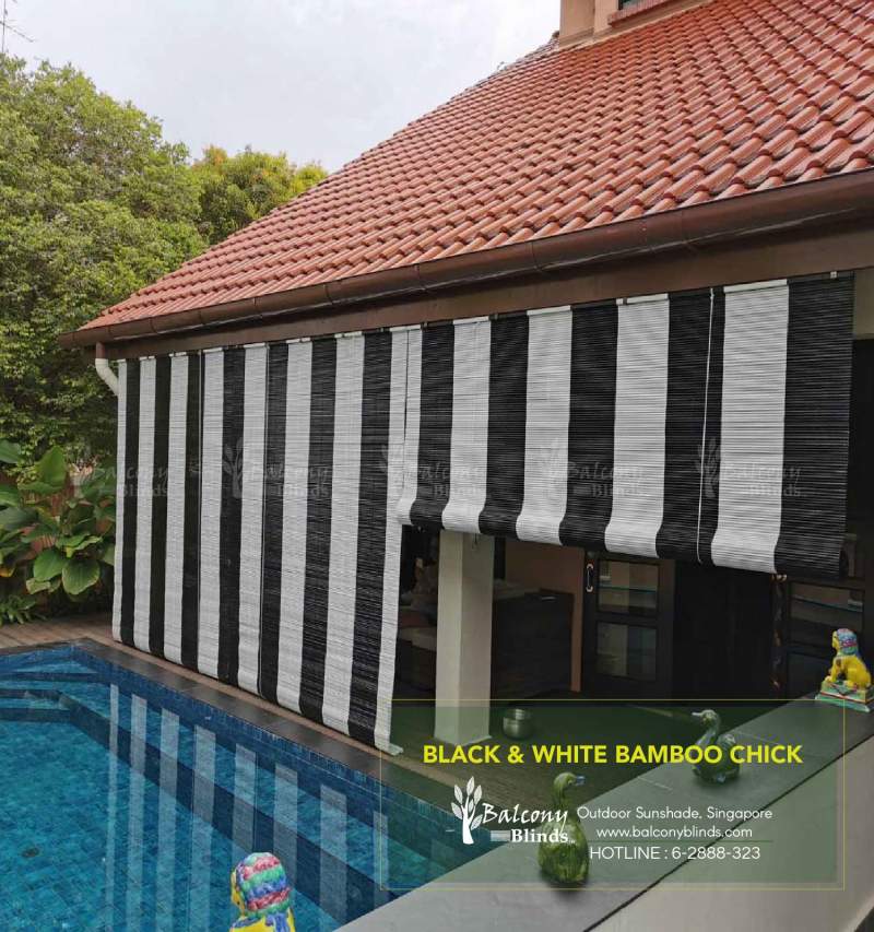 Outdoor Blind Shades - Black and White Bamboo Chick for Home Backyard Pool Area