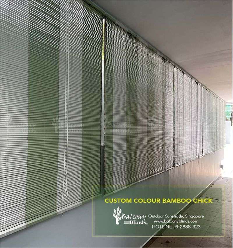 Custom Colour Bamboo Chicks (Clam Green & Apple White ) - Balcony Blinds (at Sunshine Terrace, Singapore